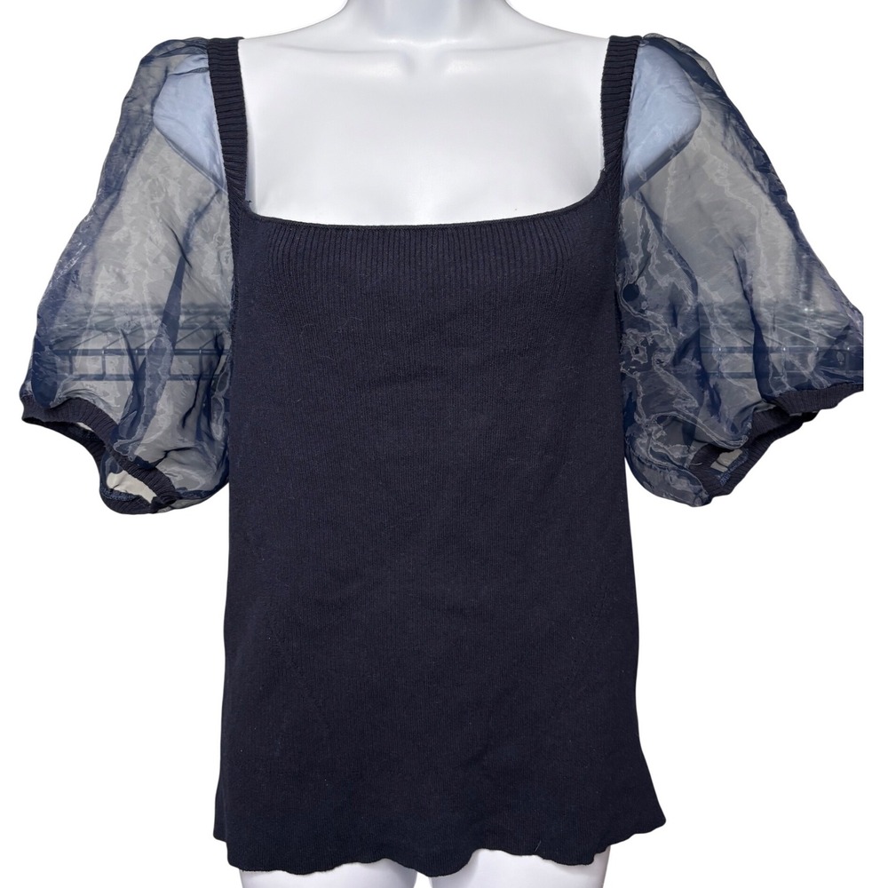 FRENCH CONNECTION Womens Black Knit Sheer Puff Sleeve Top L Gothic-Chic Coquette